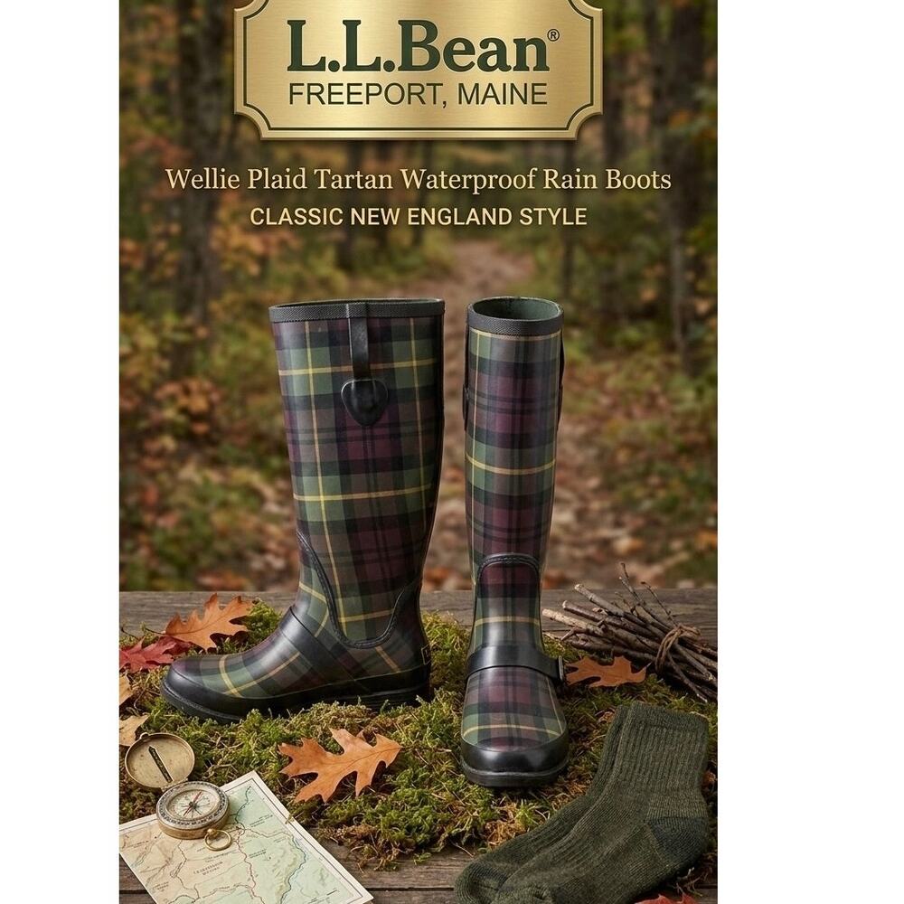 L.L. Bean Wellie Plaid Tartan Waterproof Rain Boots - Women's Size 7M